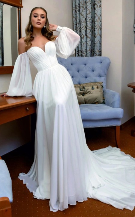 Romantic Off-the-shoulder A Line Floor-length Court Train Long Sleeve Wedding Dress
