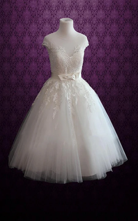 Jewel Neck Lace Bodice Short Dress With Sash And Appliques - Dorris Wedding