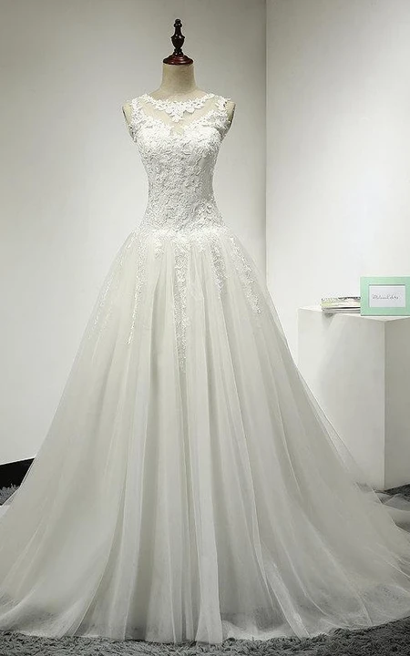 Tulle and Lace A-Line Sleeveless Bridal Dress With Jewel Neckline and ...