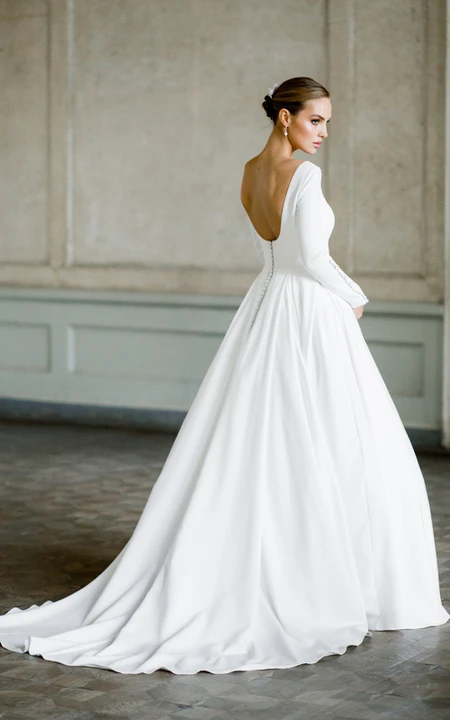 Simple Long Sleeve Satin Crepe Winter Ball Gown Wedding Dress - Dorris ...