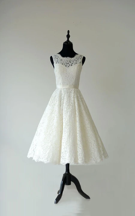 Sleeveless A-Line Tea Length Lace Dress With Low-V Back and Satin Sash ...