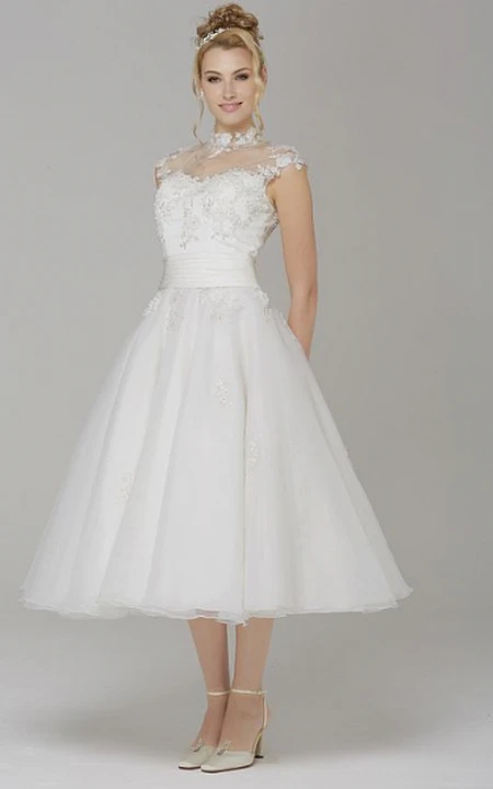 A-Line High Neck Cap-Sleeve Tea-Length Tulle Wedding Dress With ...