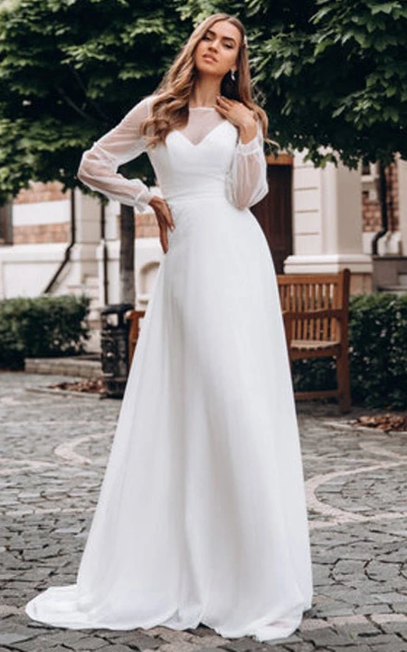 Simple Bateau A Line Floor-length Long Sleeve Wedding Dress - Dorris ...