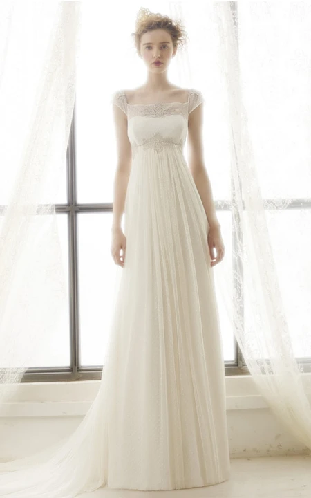 Sheath Maxi Cap-Sleeve Pleated Empire Square-Neck Tulle Wedding Dress ...