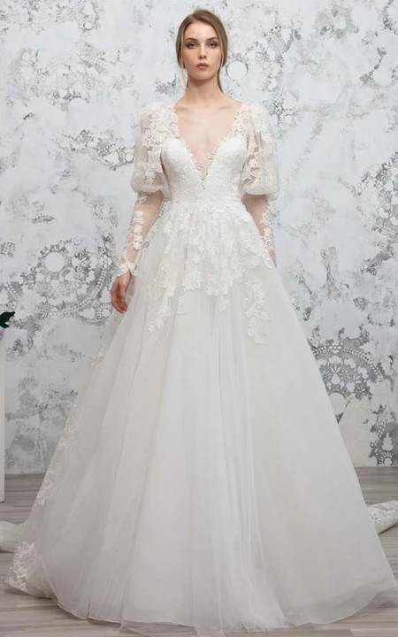 Romantic Tulle Plunging Neckline Long Sleeve Appliques Lace Wedding ...