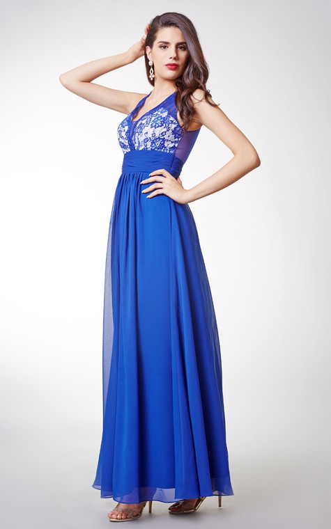 Stylish Sleeveless Long Chiffon Dress with Lace-embellished Bodice and Illusion Back - 1