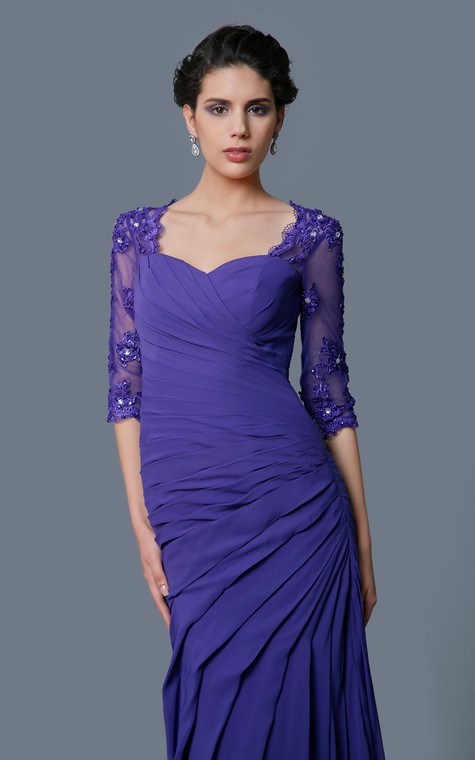 Classic A-line Long Formal Chiffon Dress With Lace Sleeves - 4