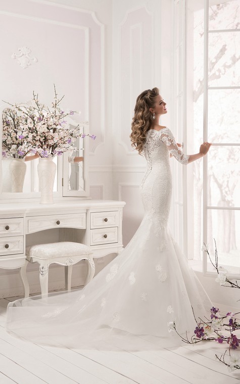 Half Sleeve Scalloped Neckline Lace Mermaid Dress - 4