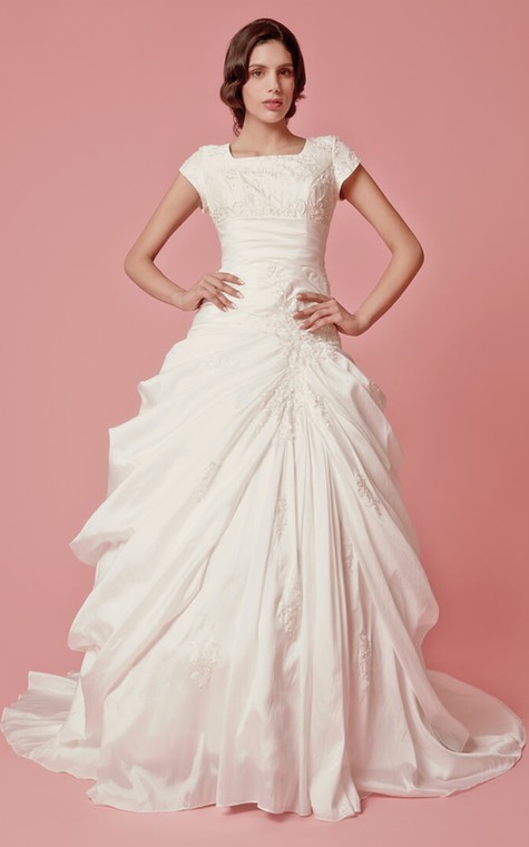 Romantic Pick-up A-line Taffeta Gown With Embroidered Neckline - 1