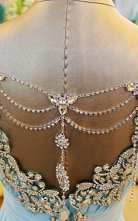 A-Line Backless Blue Evening Dresses V-Neck Crystal Beading Blingbling Prom Gowns - 4