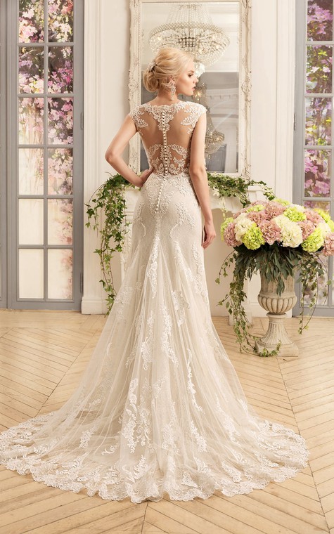 Sheath Floor-Length Scoop Cap-Sleeve Illusion Lace Dress With Appliques - 2