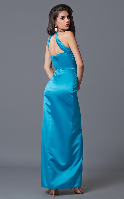 Feminine Sleeveless High Neck Sheath Satin Gown With Floral Beading - 3
