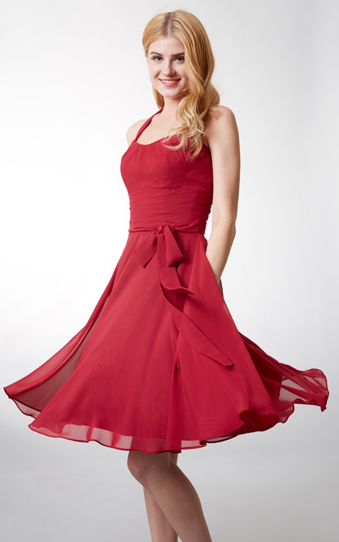 Elegant Halter Style Soft-pleated Layered A-line Chiffon Dress - 6