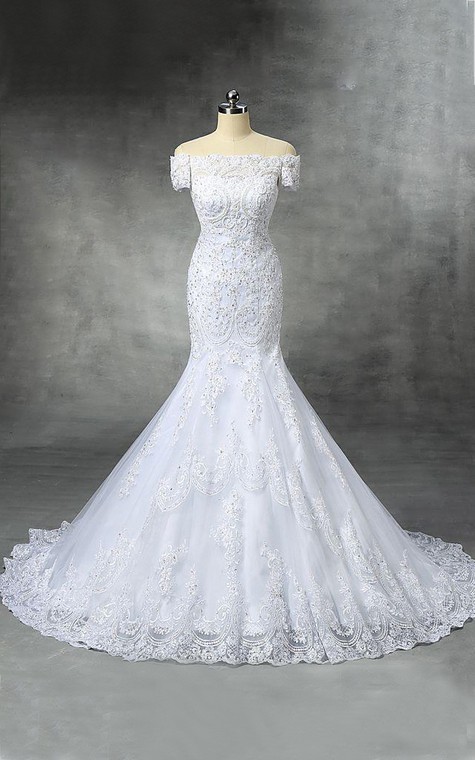 Trumpet Cap Dropped Tulle Sequins Dress - 1