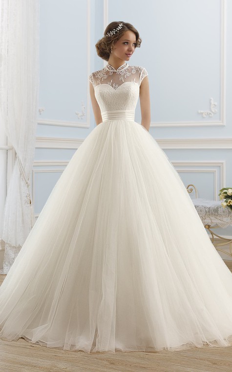 Ball Gown Maxi High-Neck Sleeveless Illusion Satin Dress With Lace - 1