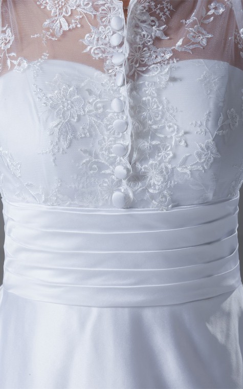 Exquisite Long Sleeve High Neck Satin Appliqued a Line Wedding Dresses - 5