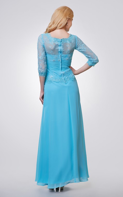 3-4 Length Sleeve Long Chiffon and Lace Dress With Side Draping - 3