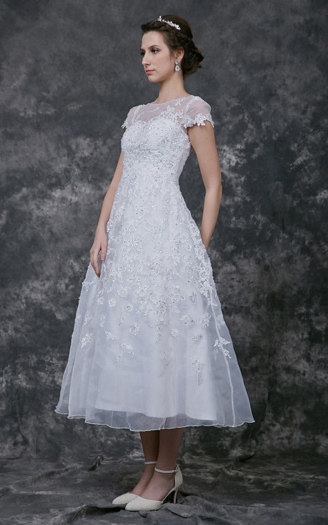 Modern Cap-sleeve Dress With Illusion Neckline and Beaded Lace Applique - 2