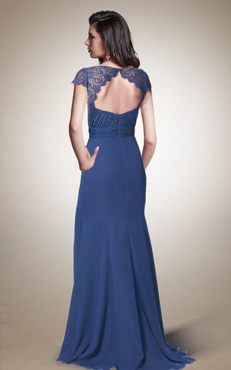 Queen Anne Neck Long Chiffon Dress With Keyhole Back - 2