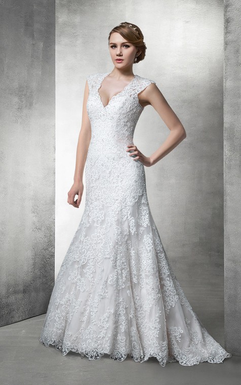 Fit and Flare Lace Wedding Gown With Plunging Neckline - 1
