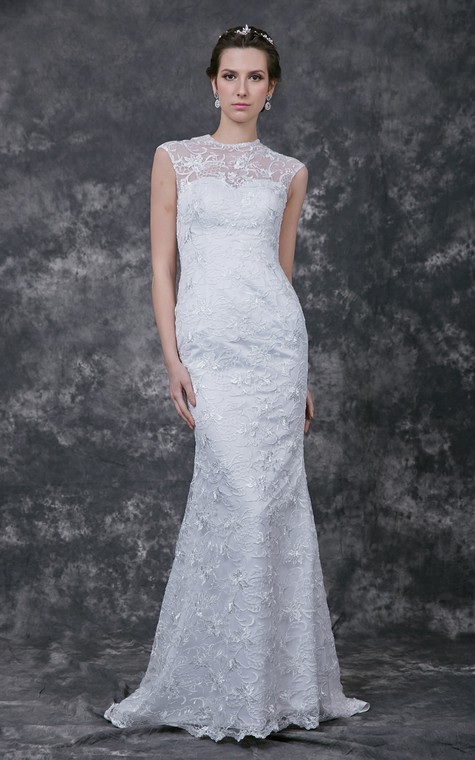 Sophisticated Cap-sleeved High Neck Slim-line Lace and Charmeuse Wedding Gown - 5