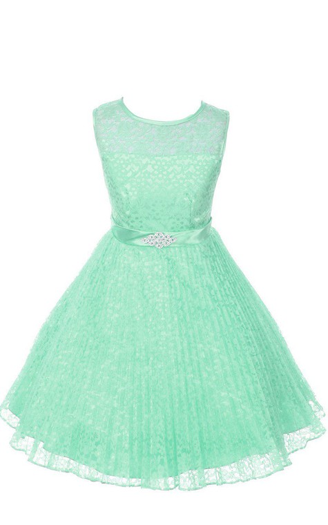 A-line Sleeveless Jewel Neck Lace Dress With Satin Belt - 1