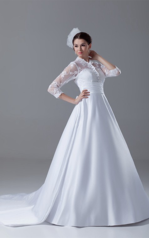 Exquisite Long Sleeve High Neck Satin Appliqued a Line Wedding Dresses - 4