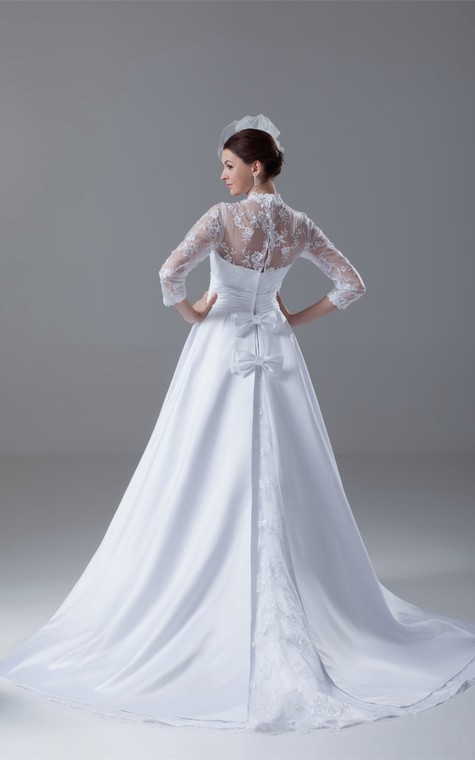 Exquisite Long Sleeve High Neck Satin Appliqued a Line Wedding Dresses - 8