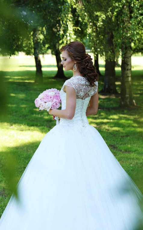 Lace-Bodice Tulle Cap Sleeve A-Line Bridal Gown With Illusion Back - 4