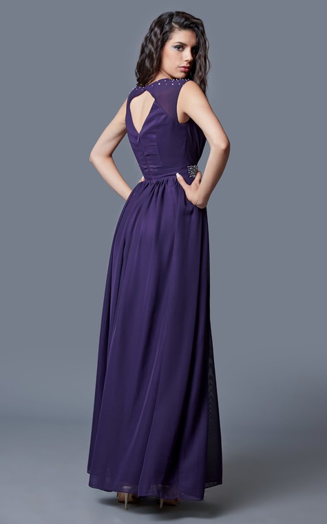 Beaded Cap-sleeved Bateau Neck Ruched Long Chiffon Dress - 3