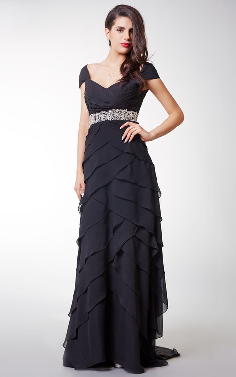 Short-sleeved Ruffled Chiffon A-line Long Formal Dress With Waistband - 4