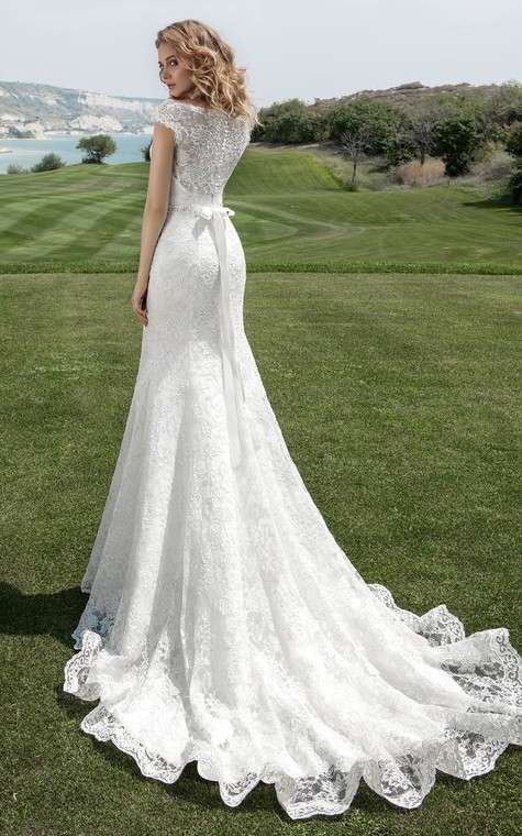 Bateau Neck Cap Sleeve Sheath Wedding Dress With Beaded