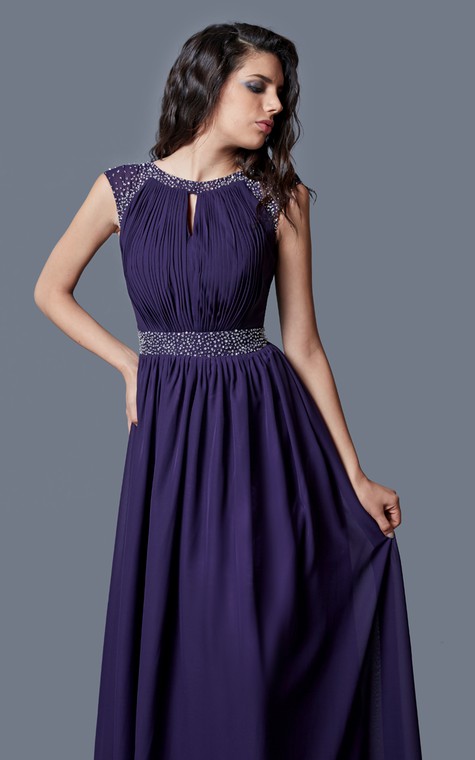 Beaded Cap-sleeved Bateau Neck Ruched Long Chiffon Dress - 2