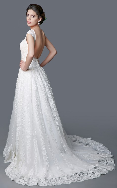 Illusion Jewel Neckline Backless A-line Lace Gown - 2