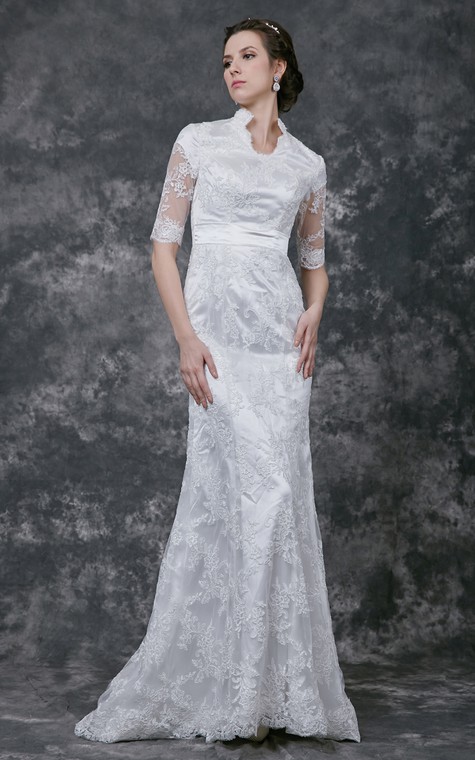 Vintage Scalloped-Edge Neckline Lace Bridal Gown with Half Sleeves - 2
