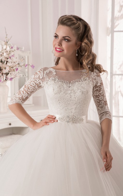 Ball Gown Lace&Tulle Long Sleeve Dress with Crystal Detailing - 2