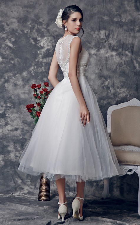 Stunning Beaded Illusion Neckline Tea Length Dress With Lace Embellished Back - 3