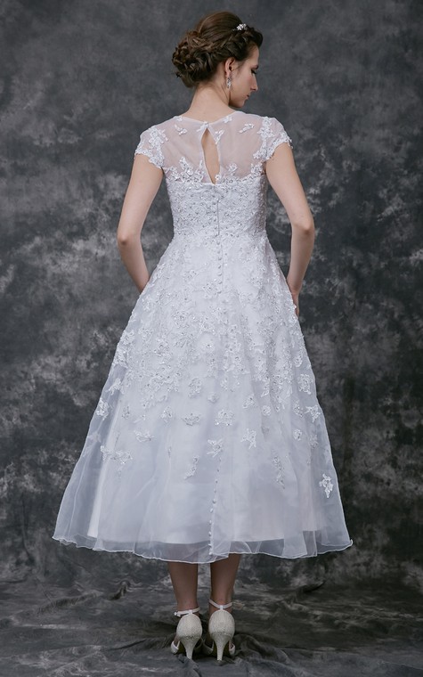 Modern Cap-sleeve Dress With Illusion Neckline and Beaded Lace Applique - 4