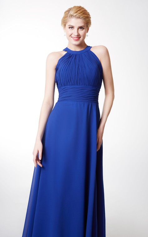 Chic High Neck Chiffon Gown With Ruching and Keyhole - 5