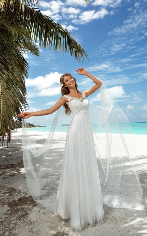 A-Line Floor-Length Scoop-Neck Cap-Sleeve Empire Corset-Back Tulle Dress With Appliques And Beading - 1