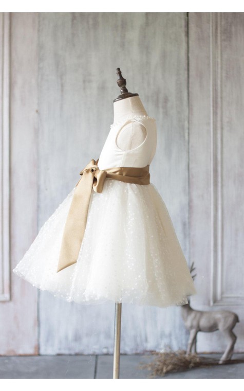 Jewel Neck Sleeveless Empire A-line Knee Length Tulle Dress With Satin Sash - 3