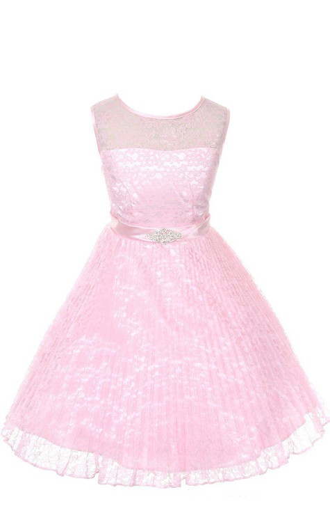 A-line Sleeveless Jewel Neck Lace Dress With Satin Belt - 5