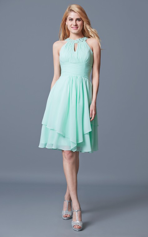 Elegant Sleeveless Tiered Knee Length Chiffon Dress With Keyhole Back - 1