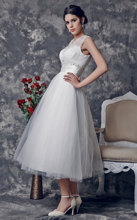 Stunning Beaded Illusion Neckline Tea Length Dress With Lace Embellished Back - 2