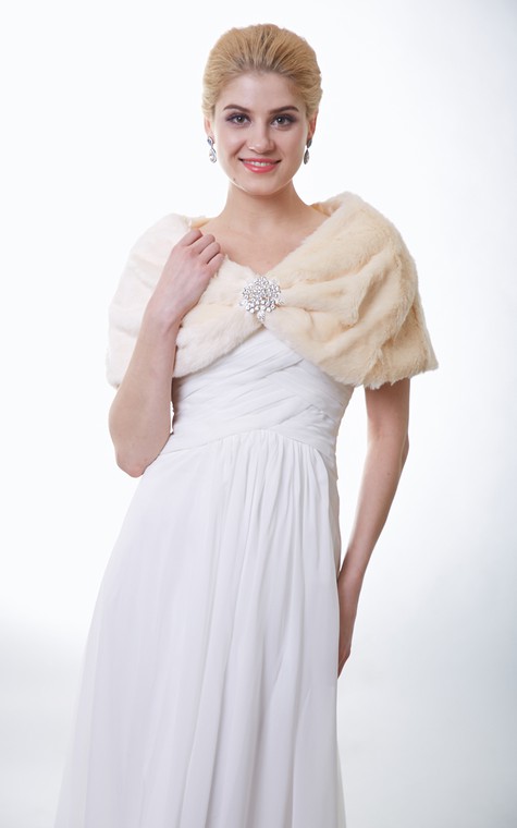 Champagne Faux Fur Bridal Wrap With Crystal Brooch - 1