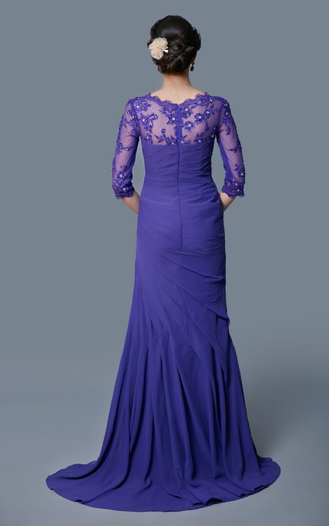 Classic A-line Long Formal Chiffon Dress With Lace Sleeves - 2