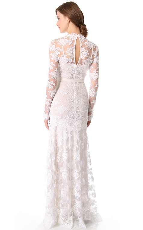 Unique Long Sleeves Long Low-V Sheath Lace Dress - 2