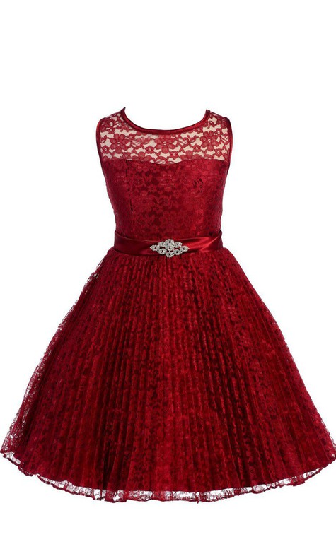 A-line Sleeveless Jewel Neck Lace Dress With Satin Belt - 3