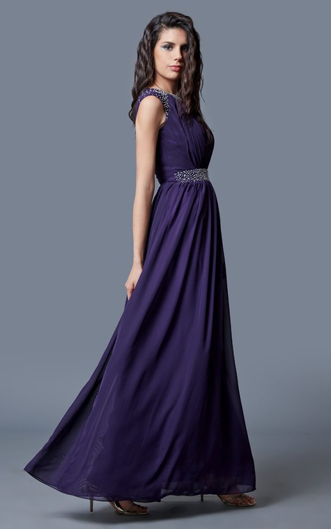 Beaded Cap-sleeved Bateau Neck Ruched Long Chiffon Dress - 4