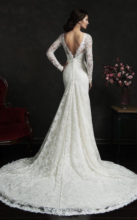 Mermaid Short Long Sleeve Bell Illusion Bat Appliques Illusion Court Train Backless Illusion Lace Dress - 2